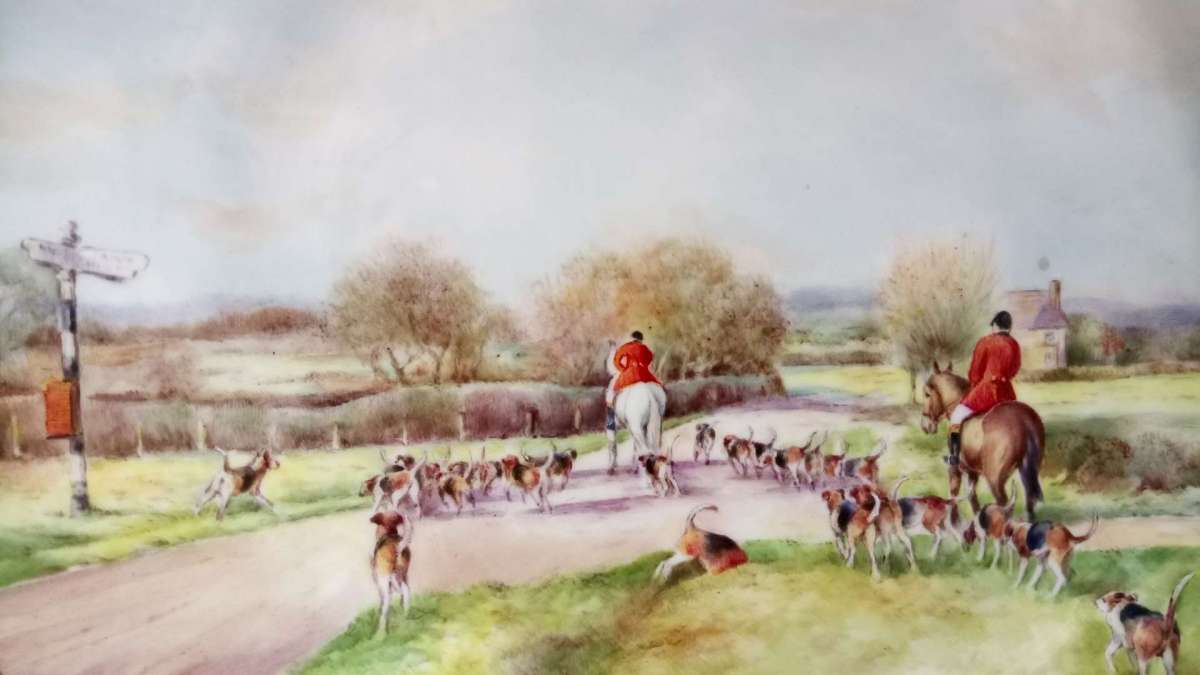 A watercolour drawing of horses and hounds forming part of the Grimley Fox Hunt at Monkwood Green circa 1900